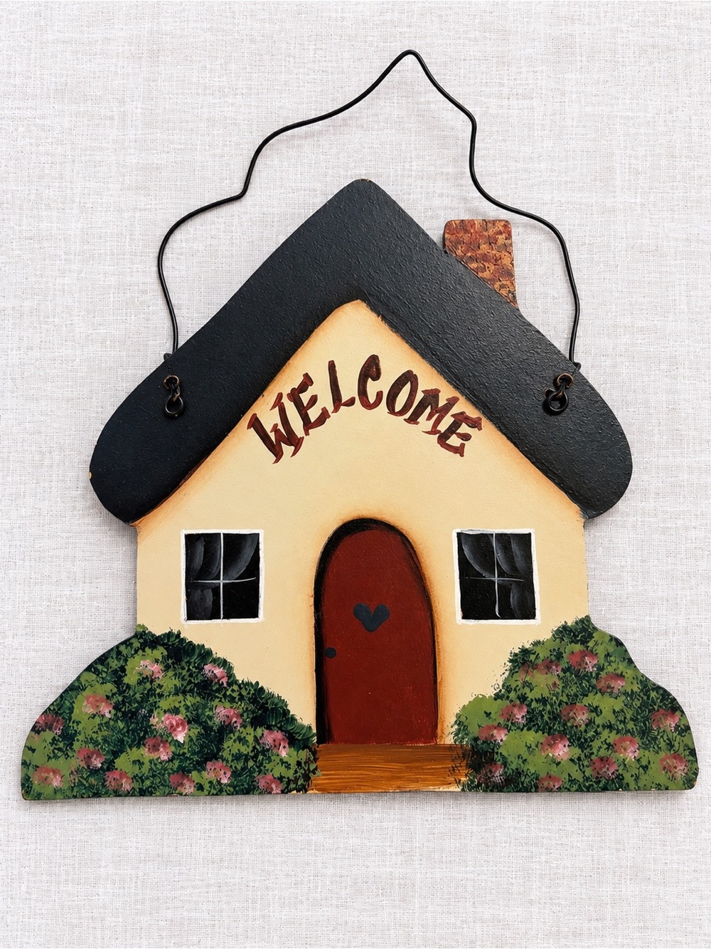 Vintage Hand Painted Wooden Welcome Cottage Wall Hanging 8” Folk Art